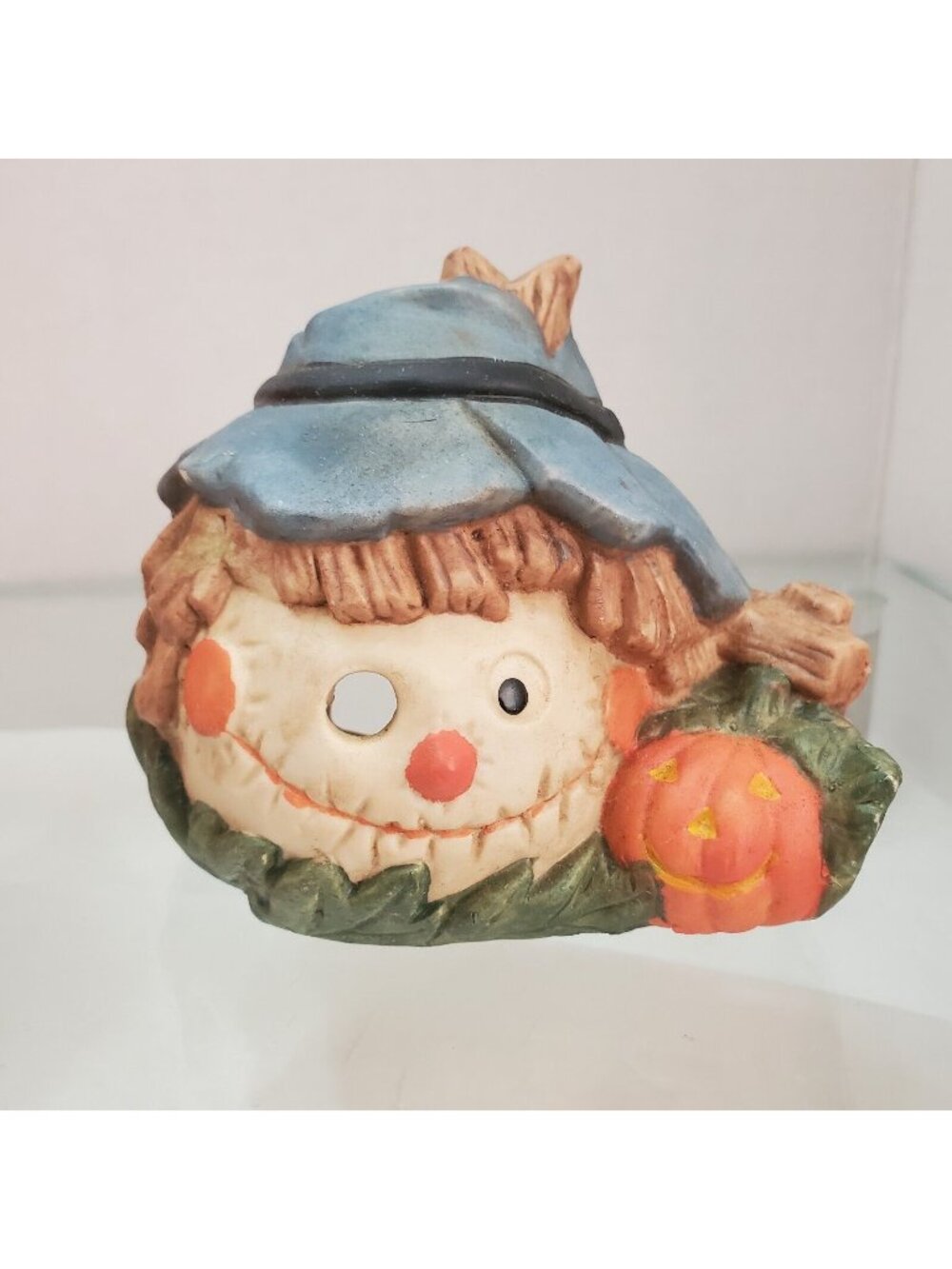 Vintage Halloween Candleholder Tea Light 4" porcelain Scarecrow Pumpkin